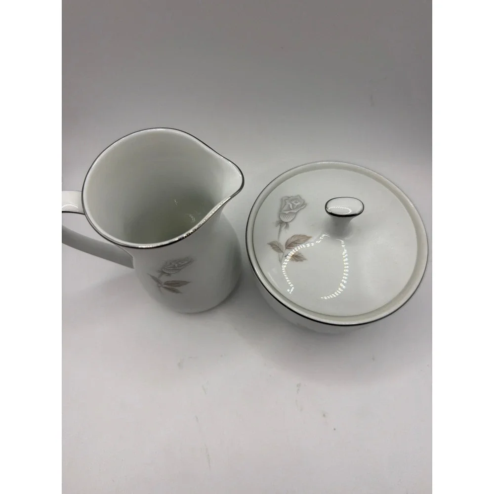 Noritake China Rosay Creamer & Covered Sugar With Platinum Trim 6216